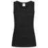 A black women's classic tank top with a sleeveless design and a logo at the neckline.