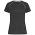 A black women's active t-shirt featuring short sleeves and a round neck, with a logo present on the design.