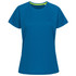 A blue women's active T-shirt featuring a crew neck and raglan sleeves, with a logo on the front.