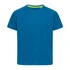 A blue T-shirt with raglan sleeves and a contrasting neckline, featuring a logo on the front.