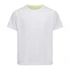 A white T-shirt with a raglan design and a neon green accent on the neckline. It features a logo.