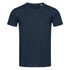 A navy blue crew neck t-shirt with short sleeves and a plain design. It features a logo on the tag.