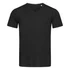 A black men's V-neck t-shirt with short sleeves and a simple design. It features a small logo.