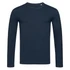A long sleeve, navy blue T-shirt featuring a round neckline and a simple design, with a logo on the front.