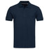A navy blue men's polo shirt featuring a collar, three-button placket, and a logo on the chest.