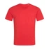 A red crew neck t-shirt with short sleeves and a small logo on the neckline.
