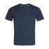 A navy blue men's crew neck t-shirt with short sleeves and a small logo on the collar.