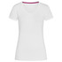 A white women's V-neck T-shirt with short sleeves and a purple trim inside the neckline. It features a logo.