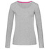 A grey women's long sleeve t-shirt with a V-neck, featuring a contrasting inner neckline and a logo.