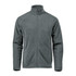 A men's fleece jacket in grey, featuring a high collar and zip front, with side pockets and branding.