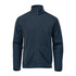 A navy blue polar fleece jacket with a zip front and side pockets. It features a high collar and has a logo.