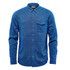 A blue men's long sleeve twill shirt with a button-up front and a single chest pocket.