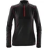 A women's black fleece pullover with red accents and a quarter zip, featuring long sleeves and a logo.