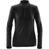 A women's black fleece pullover with a quarter zip and long sleeves, featuring a small logo on the hem.