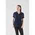 A navy women's polo shirt featuring a collar, short sleeves, and a logo.