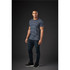 A striped navy and white crew neck t-shirt displayed on a model, paired with dark jeans and shoes.