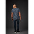 A men's crew neck tee featuring a blue and white striped design, paired with dark jeans. The model is viewed from the back.