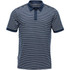 A navy and white striped polo shirt featuring a classic collar and branding on the side.