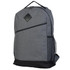 A grey backpack with a diamond-shaped logo, featuring a mesh side pocket and a sleek design.