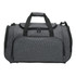 A grey duffle bag with zipped compartments and dual handles, featuring a branding logo.