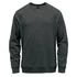 A dark grey crew neck sweater with long sleeves and a simple design, featuring a logo on the front.