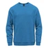 A blue fleece crew neck sweater with long sleeves and a logo on the front.