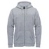 A grey fleece full zip hoody with a hood and pockets, featuring a logo on the chest area.