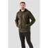 A men's full zip hoody in dark green, featuring a hood and side pockets, with a branding logo.