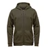 A full zip hoodie in olive green featuring a hood and front pockets, with a logo on the chest.