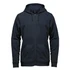 A navy full zip hoodie featuring a hood, kangaroo pockets, and a logo on the front.