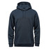 A dark grey fleece pullover hoody featuring a front pocket and a drawstring hood. It has a logo on it.
