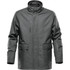 A grey men's jacket with a high collar, featuring a front zip pocket and two front flaps. It has a logo.