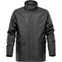 A black jacket with a high collar, zippered front, and two front pockets, featuring a logo on the sleeve.