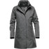 A grey women's jacket with a stylish cut, featuring a high collar and a zipper, includes a logo.