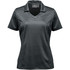 A women's polo shirt in dark grey with a textured striped pattern and a collar, featuring branding.