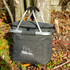 A grey cooler basket with a silver frame and handle, featuring a logo on the front.