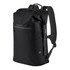 A black waterproof backpack with adjustable straps and a front zip pocket. It has a distinctive branding logo.