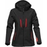 A black softshell jacket with red accents, featuring a hood and multiple zippered pockets. It has a logo on the chest.