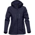 A women's softshell jacket in navy blue with a hood and multiple zippered pockets. It features a logo on the sleeve.
