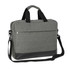 A grey business satchel with black accents, featuring a shoulder strap and top handles, along with a logo.