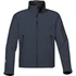 A men's softshell jacket in navy blue with a high collar and multiple zippered pockets. It features a logo on the sleeve.