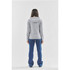 A grey women's pullover hoody with a hood, viewed from the back, paired with blue jeans.
