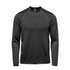 A long-sleeve crew neck shirt in dark grey with a logo on the front.
