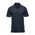 A dark navy men's polo shirt with a collared neckline and short sleeves. It features a logo on the chest.