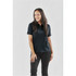 A black women's polo shirt displayed on a model, featuring a collar and short sleeves. The design includes a logo.