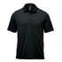 A black polo shirt with short sleeves, featuring a collar and an embroidered logo.