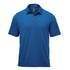 A blue polo shirt featuring a collar, short sleeves, and a three-button placket. It has a logo on the chest.