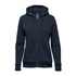 A navy blue women's fleece full zip hoodie featuring a hood and front pockets, with a branding logo.