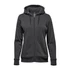 A women's full zip hoody in dark grey with a hood and front pockets, featuring a logo on the chest.