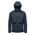 A dark grey, hooded men's rain jacket featuring a zipped front and a cropped design, with a logo present.